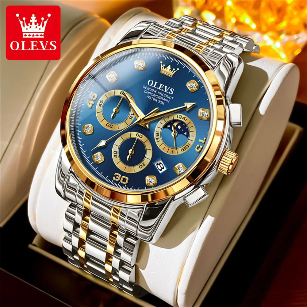 OLEVS 2889 Men's Wathes Top Brand Business Original Quartz Watch for Man Waterproof Stainless Steel Luminous Date Moon Phase New