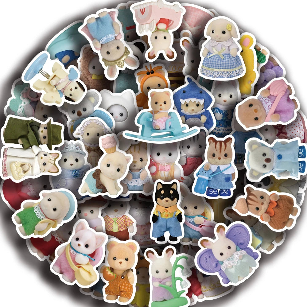 55PCS Cute Calico Critters Graffiti Stickers Children's Cartoon Doll Decals DIY Laptop Notebook Decoration Sticker Toy