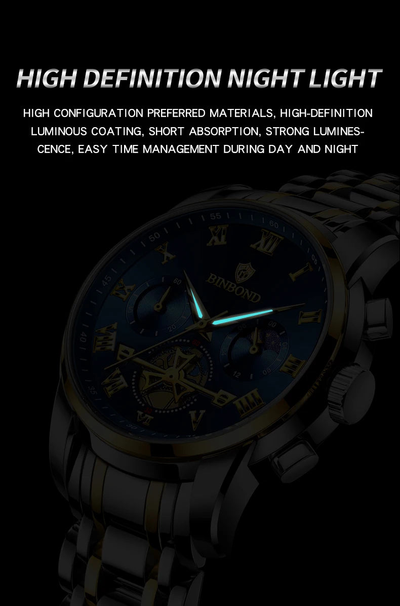 BINBOND B780 Top Brand Mens Quartz Luxury  Stainless Steel Luminescence Clock Casual Chic Waterproof Outdoor Sport Watch