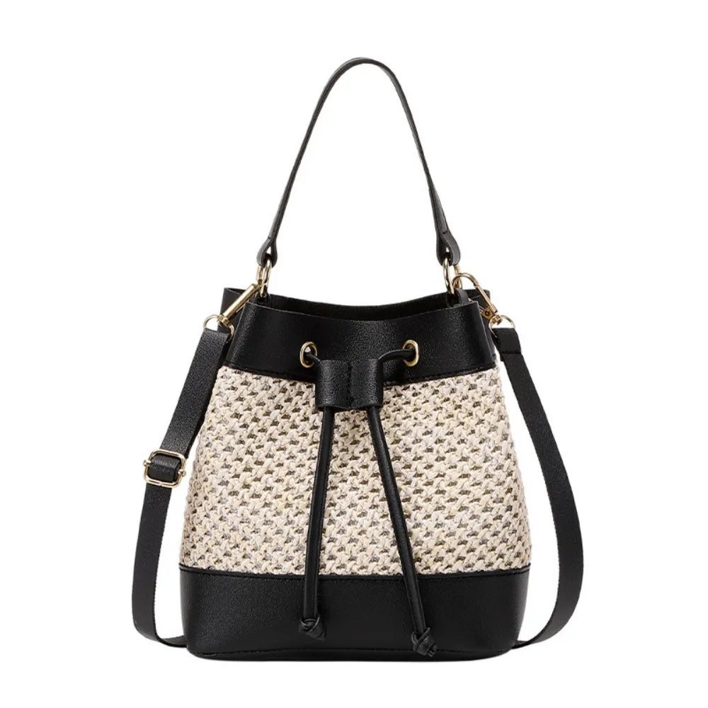 Bundle Pocket Straw Crossbody Bag Commute Handbag Drawstring Bucket Bag Messenger Bag Large Capacity Beach Shoulder Bag Girls