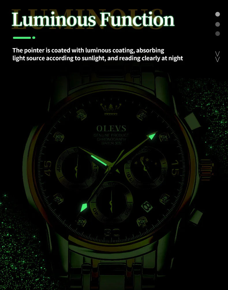 OLEVS Multifunction Quartz Watch for Men Stainless Steel Waterproof Luminous Chronograph Moon Phase Date Watch Relogio Masculino