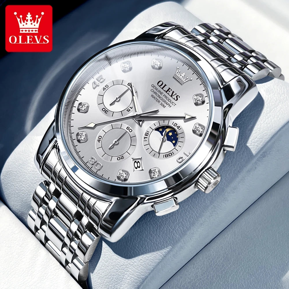 OLEVS Multifunction Quartz Watch for Men Stainless Steel Waterproof Luminous Chronograph Moon Phase Date Watch Relogio Masculino