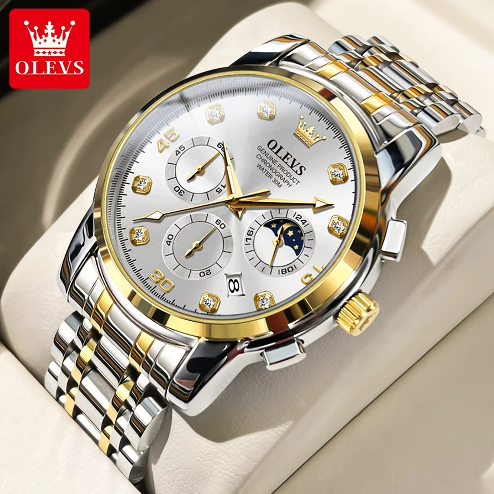 OLEVS Multifunction Quartz Watch for Men Stainless Steel Waterproof Luminous Chronograph Moon Phase Date Watch Relogio Masculino