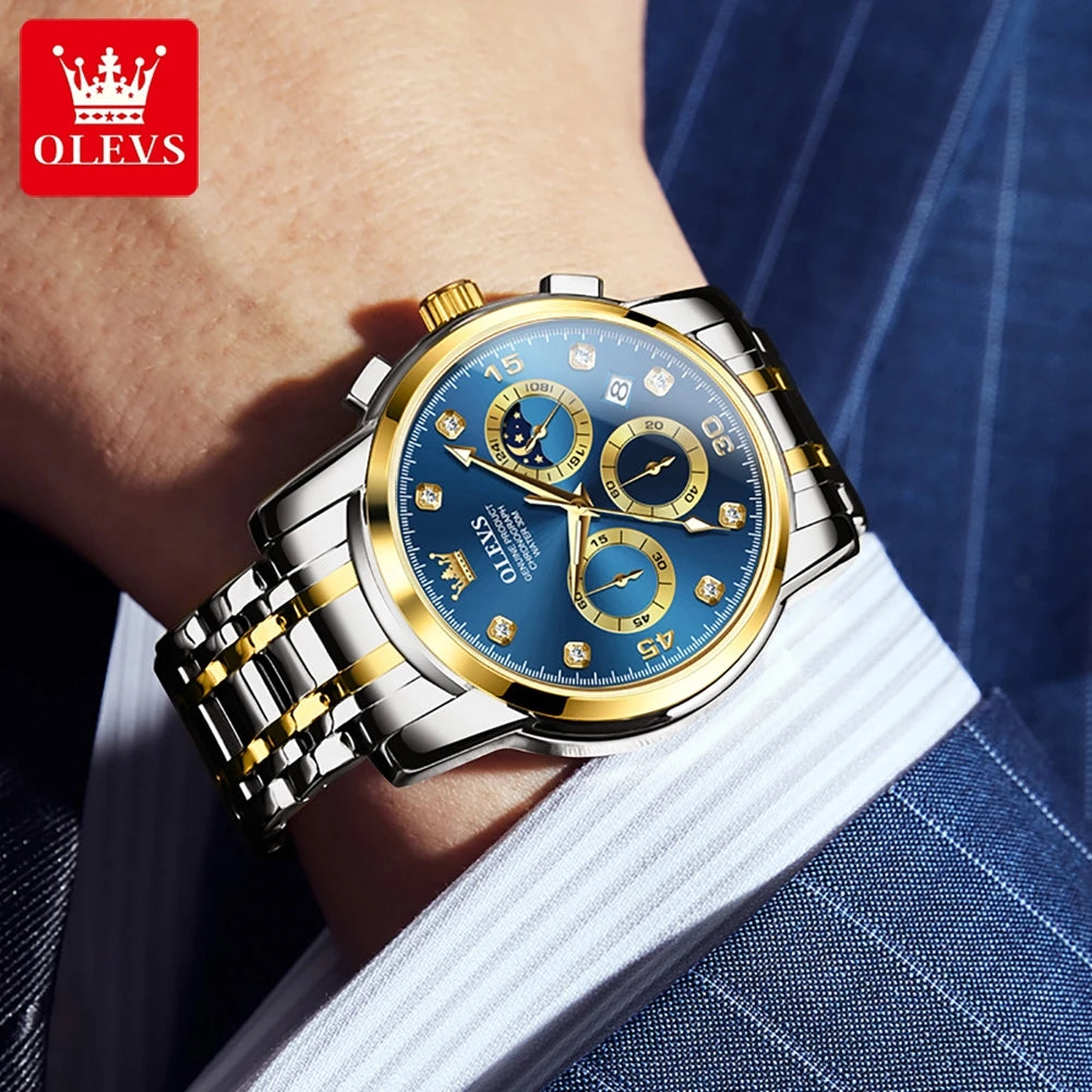 OLEVS Multifunction Quartz Watch for Men Stainless Steel Waterproof Luminous Chronograph Moon Phase Date Watch Relogio Masculino