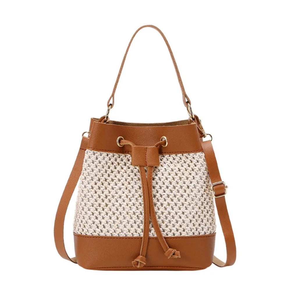 Bundle Pocket Straw Crossbody Bag Commute Handbag Drawstring Bucket Bag Messenger Bag Large Capacity Beach Shoulder Bag Girls