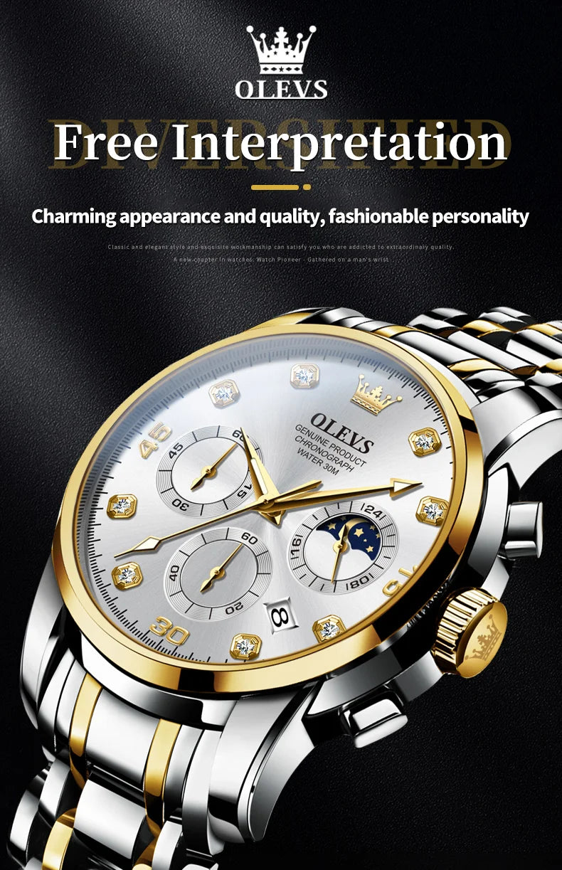 OLEVS 2889 Men's Wathes Top Brand Business Original Quartz Watch for Man Waterproof Stainless Steel Luminous Date Moon Phase New