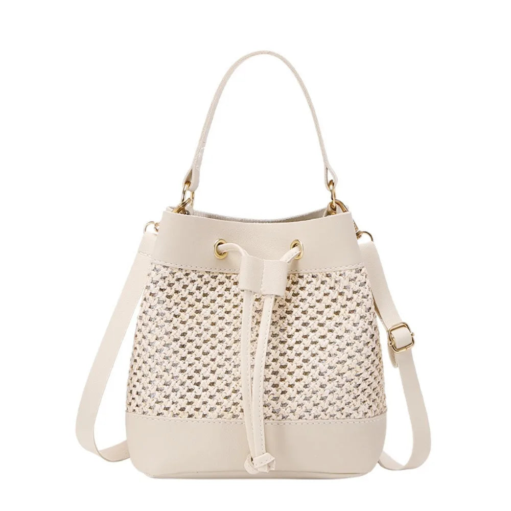 Bundle Pocket Straw Crossbody Bag Commute Handbag Drawstring Bucket Bag Messenger Bag Large Capacity Beach Shoulder Bag Girls