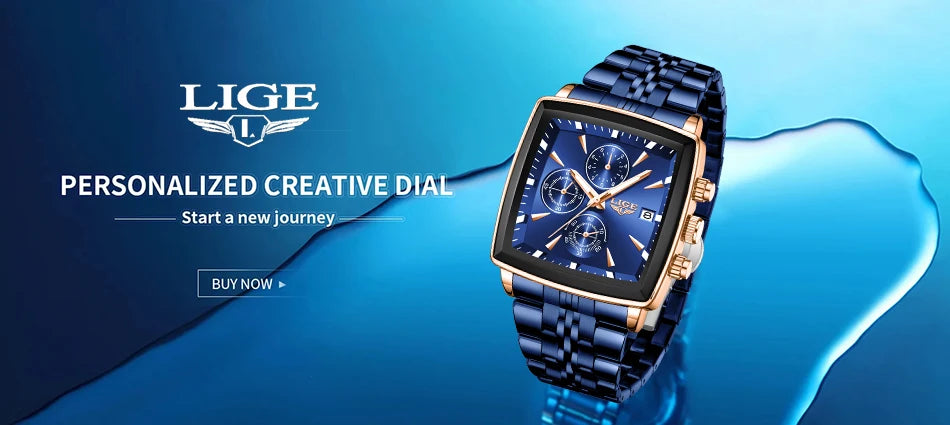 LIGE Top Brand Luxury Mens Watches Fashion Military Square Chronograph Quartz Wristwatches For Men Sports Waterproof Watch Men