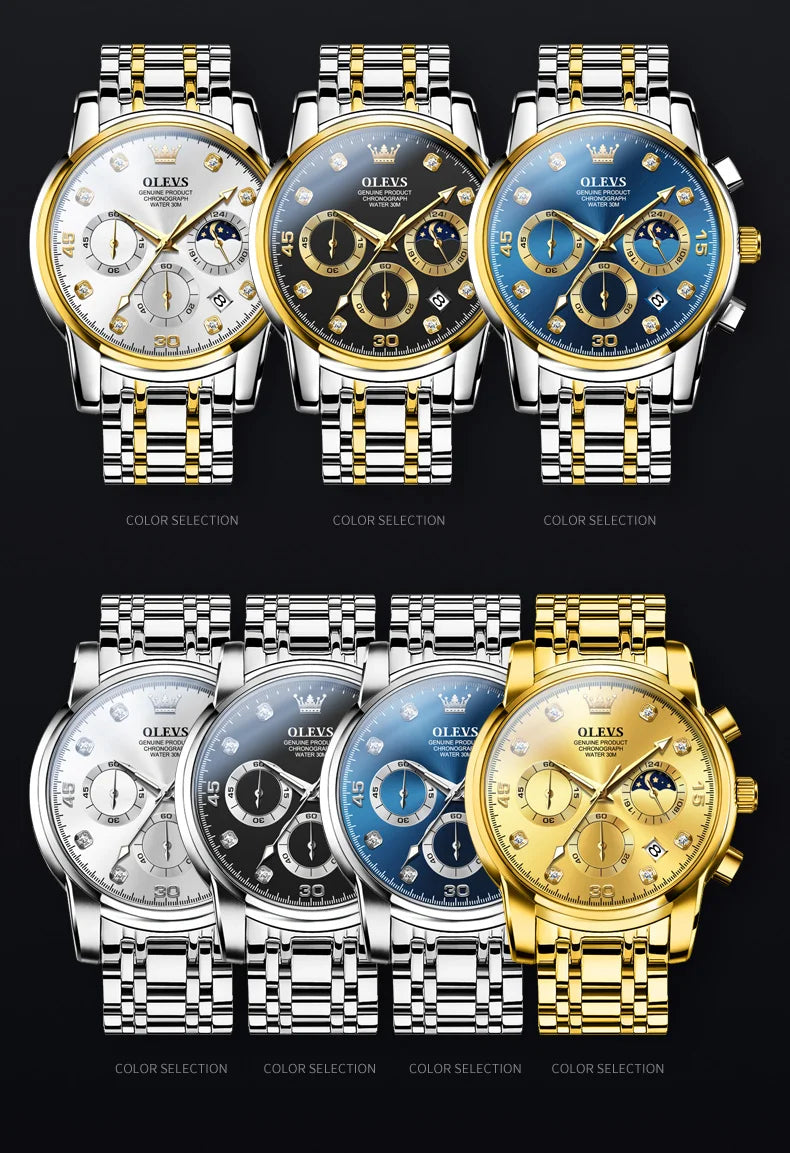 OLEVS 2889 Men's Wathes Top Brand Business Original Quartz Watch for Man Waterproof Stainless Steel Luminous Date Moon Phase New