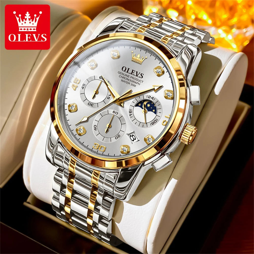 OLEVS 2889 Men's Wathes Top Brand Business Original Quartz Watch for Man Waterproof Stainless Steel Luminous Date Moon Phase New