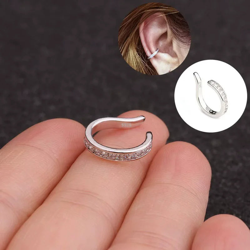 New Fashion Fine Zircon 925 Sterling Silver C Type Clip Earrings Punk Rock Unisexual Rhinestone No Hole Ear Clip Earring Jewelry