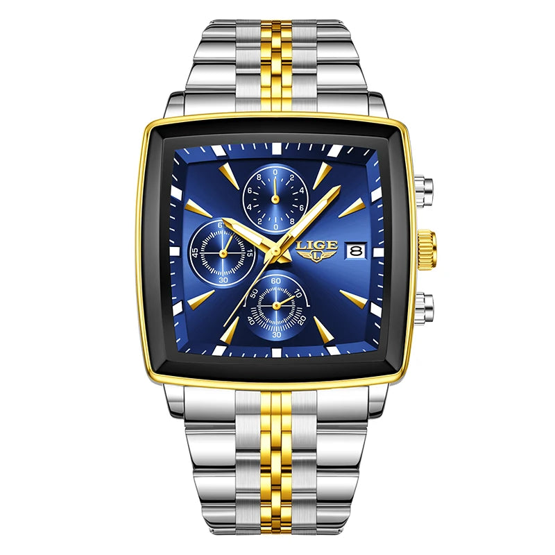 LIGE Top Brand Luxury Mens Watches Fashion Military Square Chronograph Quartz Wristwatches For Men Sports Waterproof Watch Men