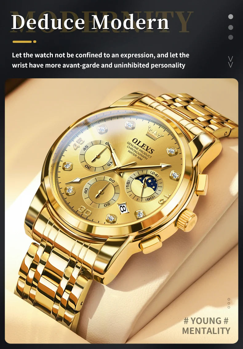 OLEVS 2889 Men's Wathes Top Brand Business Original Quartz Watch for Man Waterproof Stainless Steel Luminous Date Moon Phase New