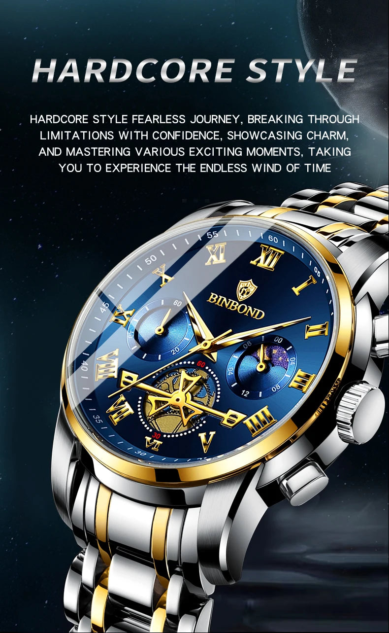 BINBOND B780 Top Brand Mens Quartz Luxury  Stainless Steel Luminescence Clock Casual Chic Waterproof Outdoor Sport Watch