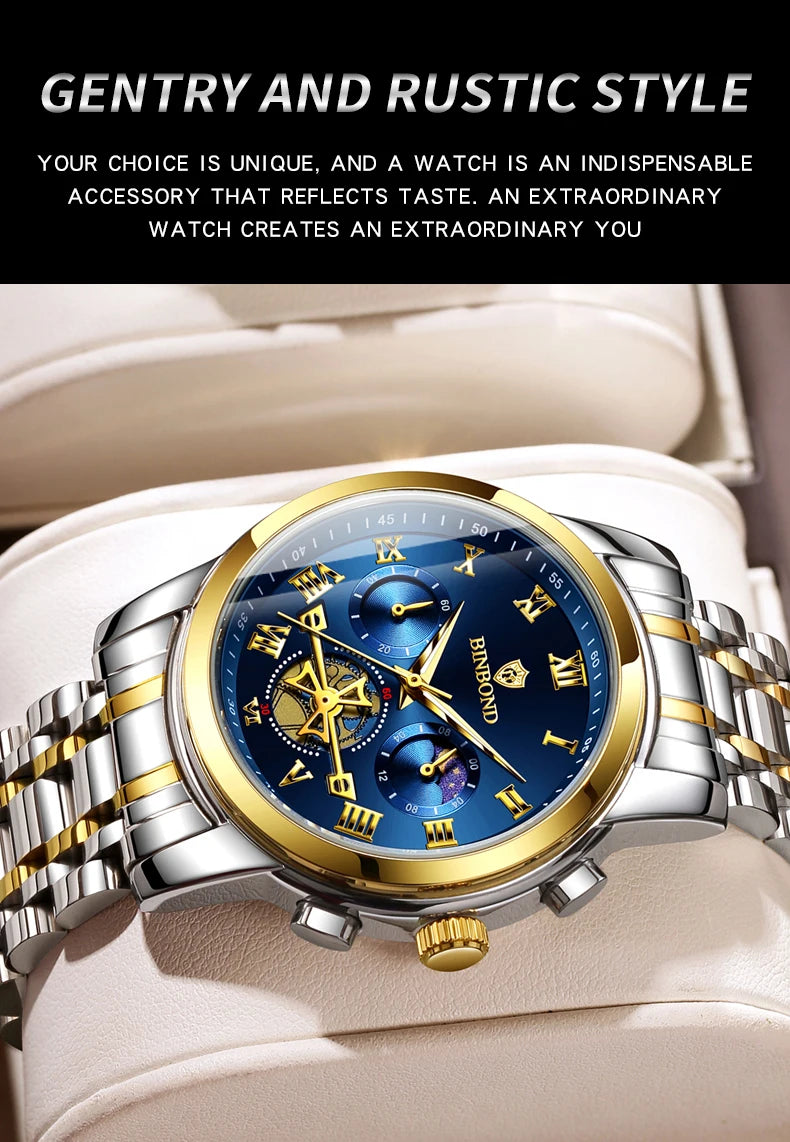 BINBOND B780 Top Brand Mens Quartz Luxury  Stainless Steel Luminescence Clock Casual Chic Waterproof Outdoor Sport Watch