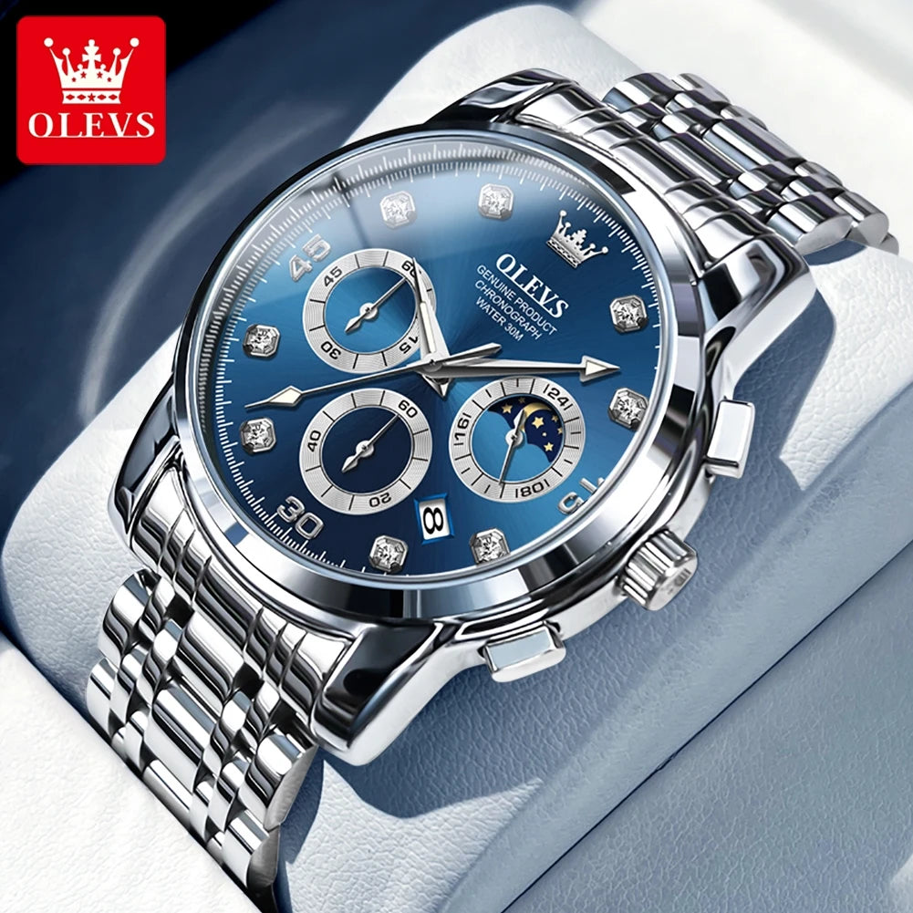 OLEVS Multifunction Quartz Watch for Men Stainless Steel Waterproof Luminous Chronograph Moon Phase Date Watch Relogio Masculino