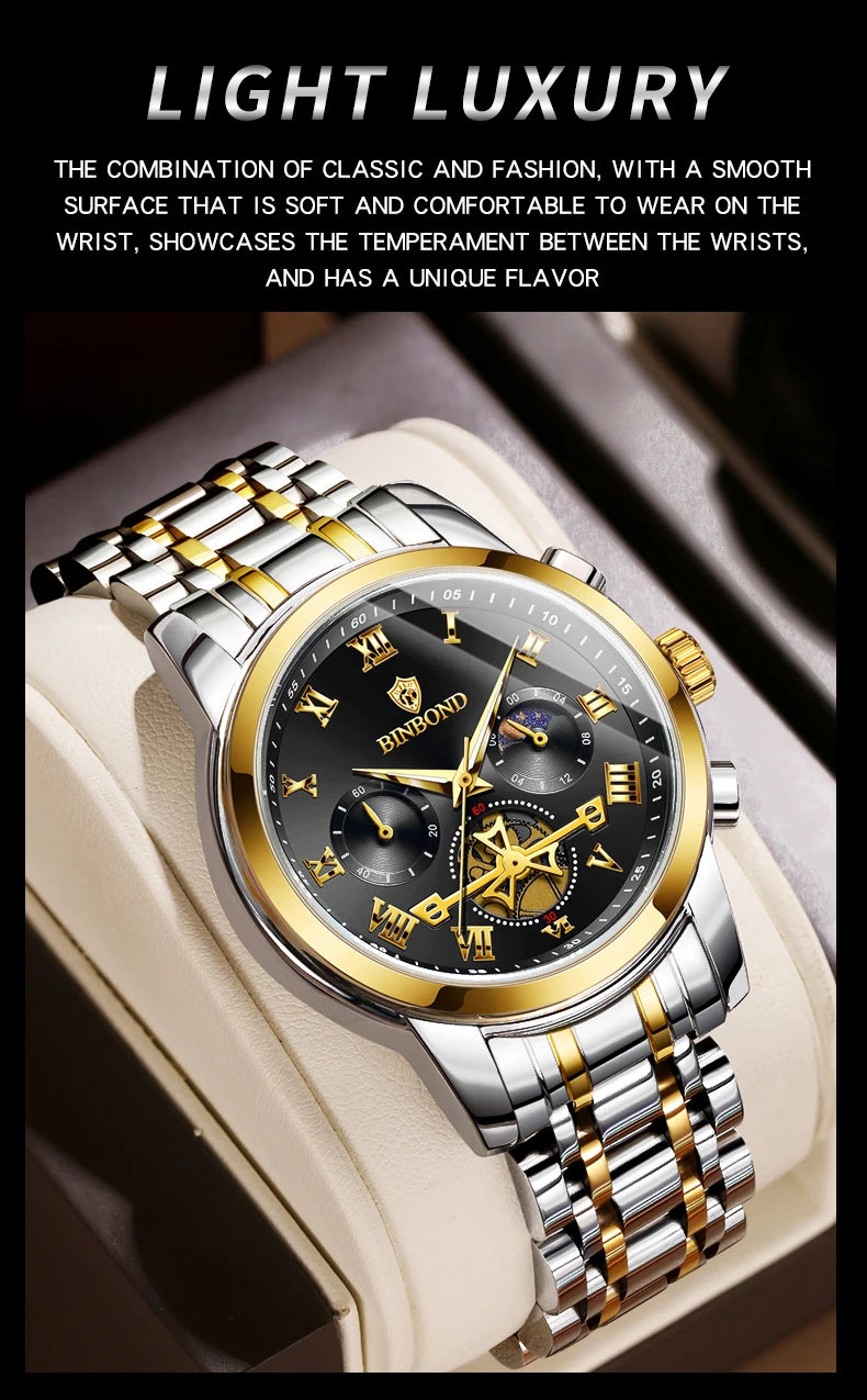 BINBOND B780 Top Brand Mens Quartz Luxury  Stainless Steel Luminescence Clock Casual Chic Waterproof Outdoor Sport Watch