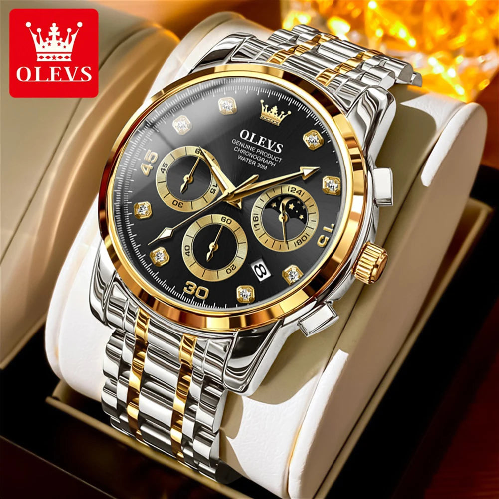 OLEVS 2889 Men's Wathes Top Brand Business Original Quartz Watch for Man Waterproof Stainless Steel Luminous Date Moon Phase New