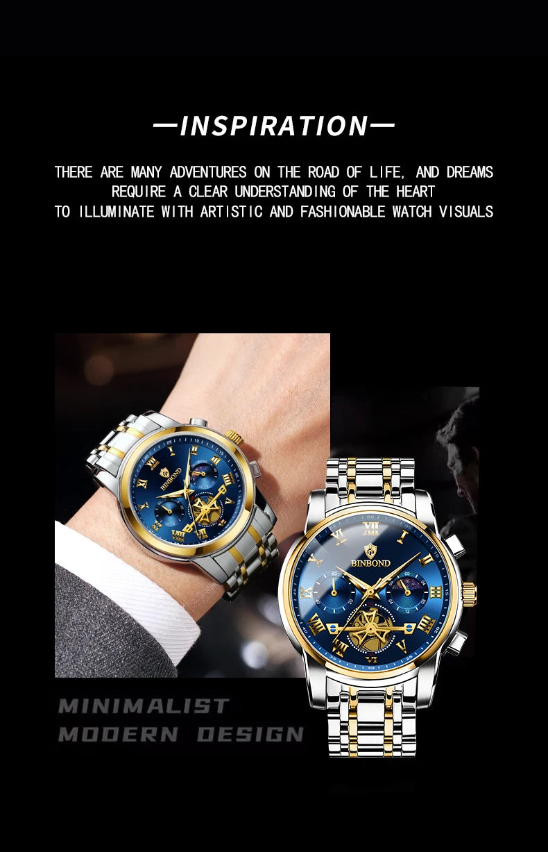 BINBOND B780 Top Brand Mens Quartz Luxury  Stainless Steel Luminescence Clock Casual Chic Waterproof Outdoor Sport Watch
