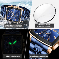 LIGE Top Brand Luxury Mens Watches Fashion Military Square Chronograph Quartz Wristwatches For Men Sports Waterproof Watch Men