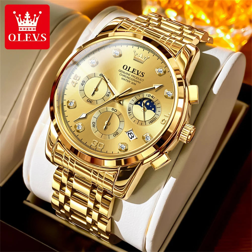 OLEVS 2889 Men's Wathes Top Brand Business Original Quartz Watch for Man Waterproof Stainless Steel Luminous Date Moon Phase New