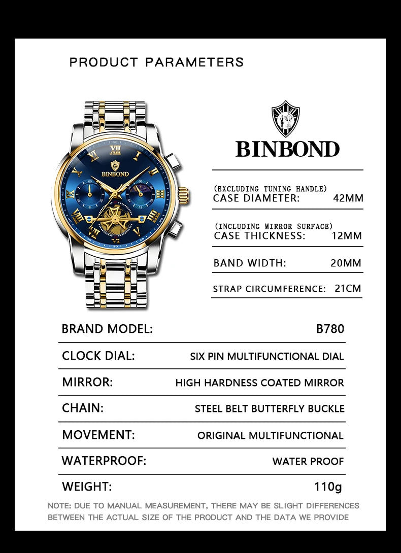 BINBOND B780 Top Brand Mens Quartz Luxury  Stainless Steel Luminescence Clock Casual Chic Waterproof Outdoor Sport Watch
