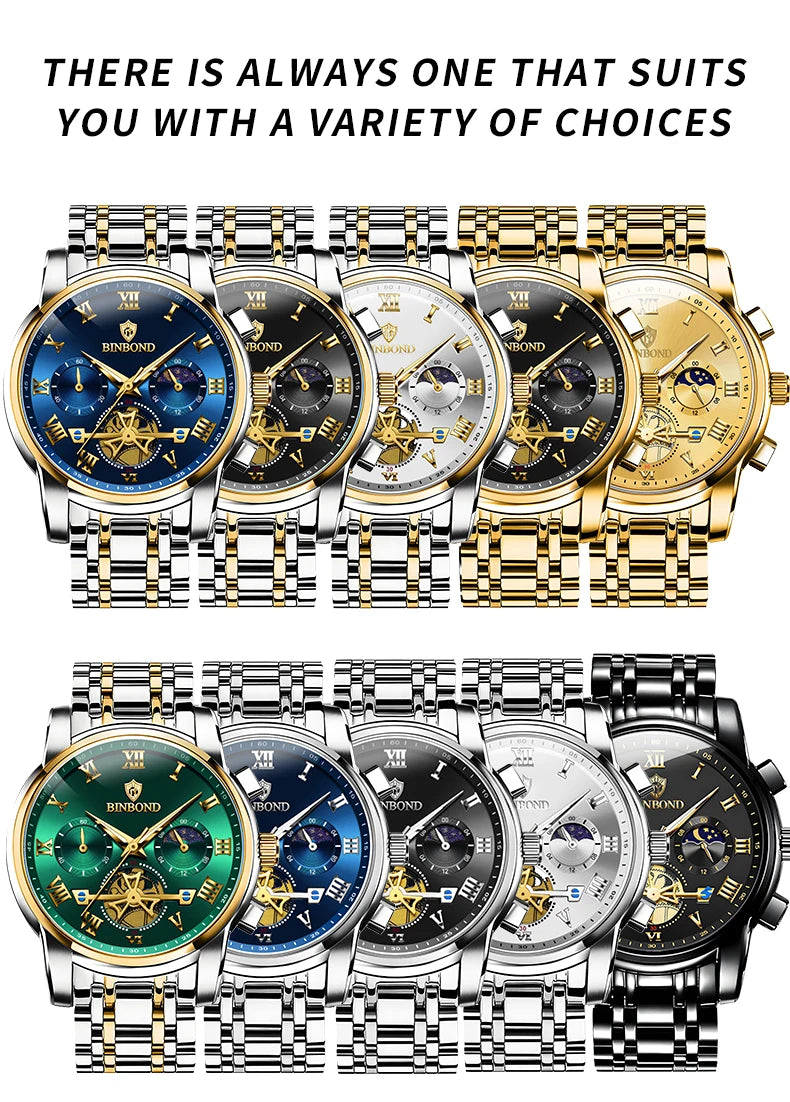 BINBOND B780 Top Brand Mens Quartz Luxury  Stainless Steel Luminescence Clock Casual Chic Waterproof Outdoor Sport Watch